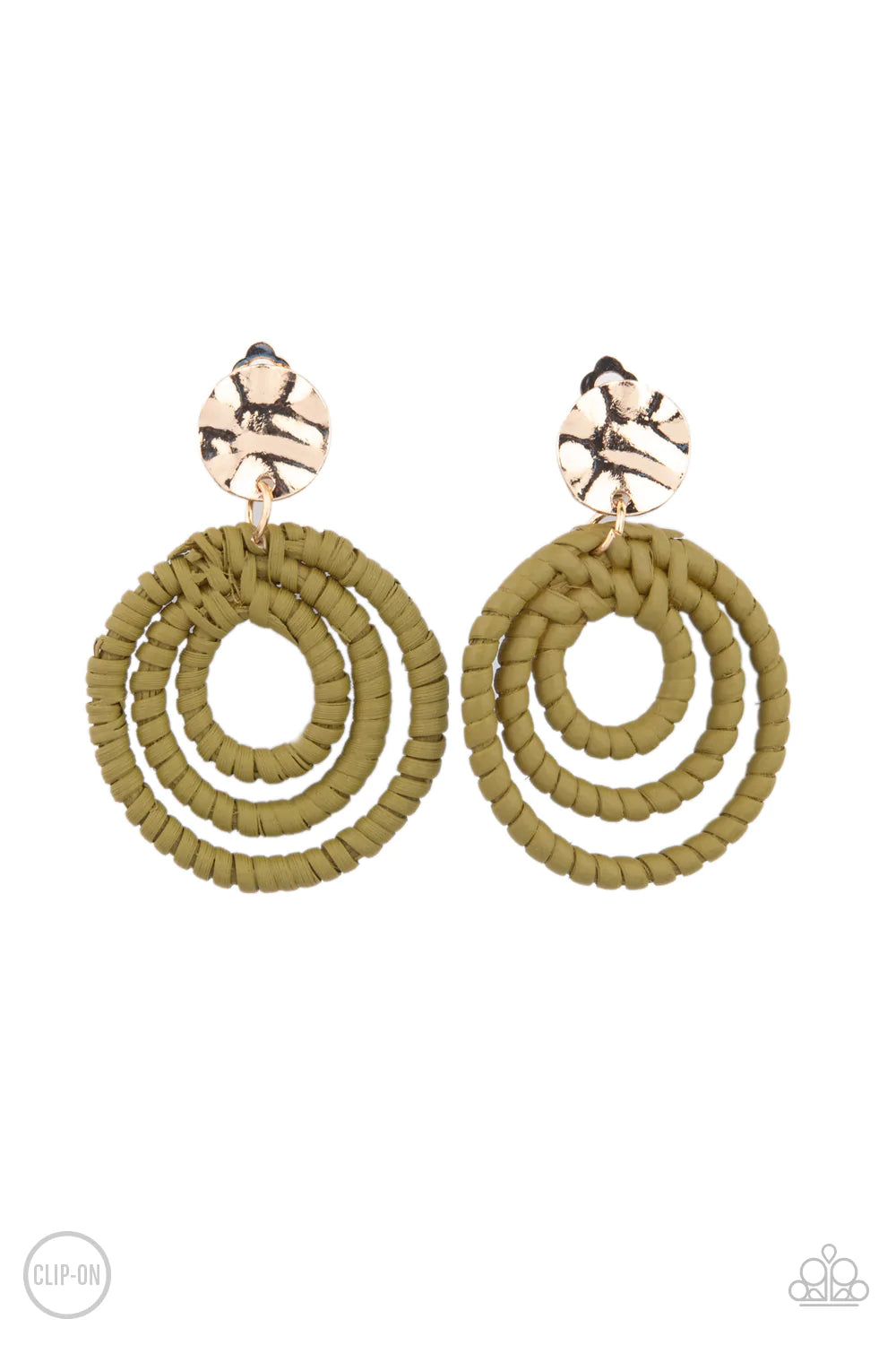Whimsically Wicker - Green Clip-On Earring