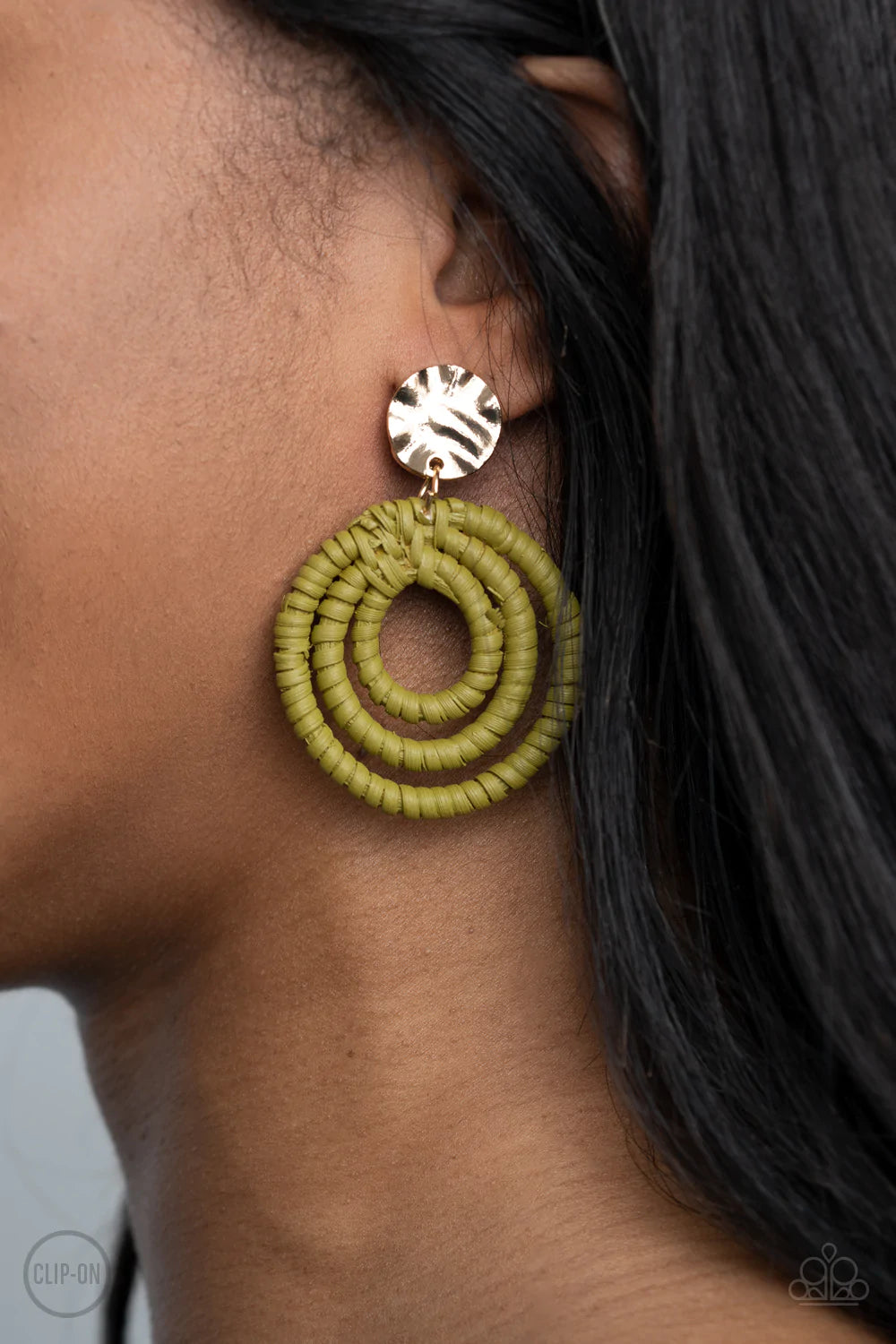 Whimsically Wicker - Green Clip-On Earring