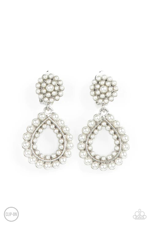 Discerning Droplets - White Clip-On Earring