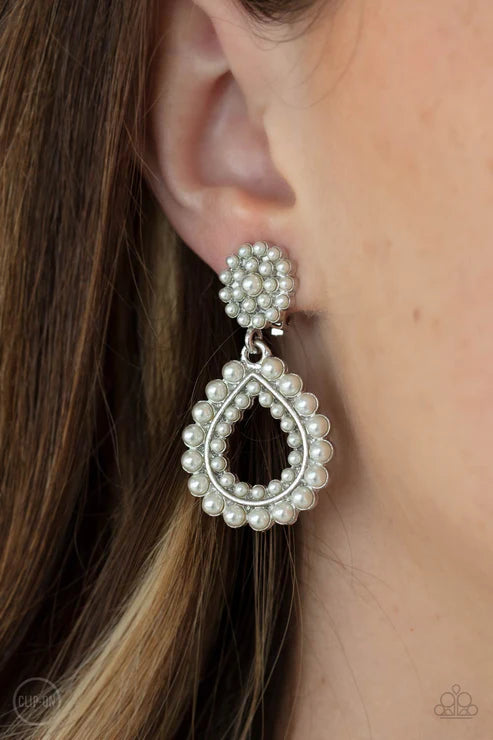 Discerning Droplets - White Clip-On Earring