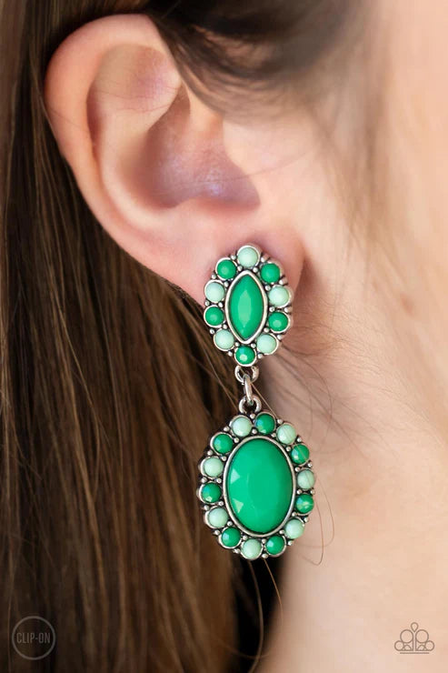 Positively Pampered - Green Clip-On Earring