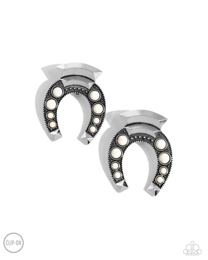 Harmonious Horseshoe - White Clip-On Earring