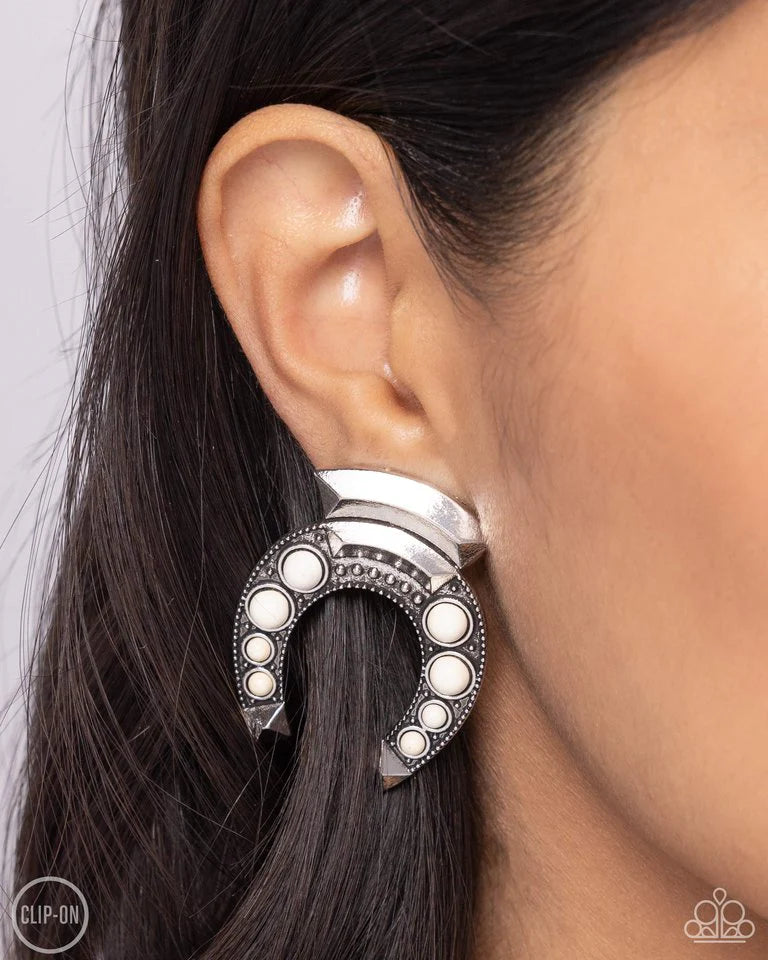 Harmonious Horseshoe - White Clip-On Earring