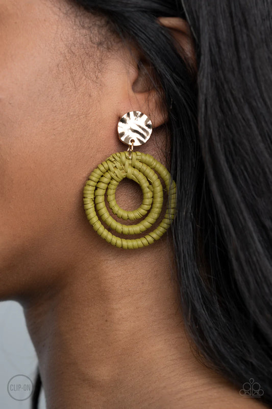 Whimsically Wicker - Green Clip-On Earring